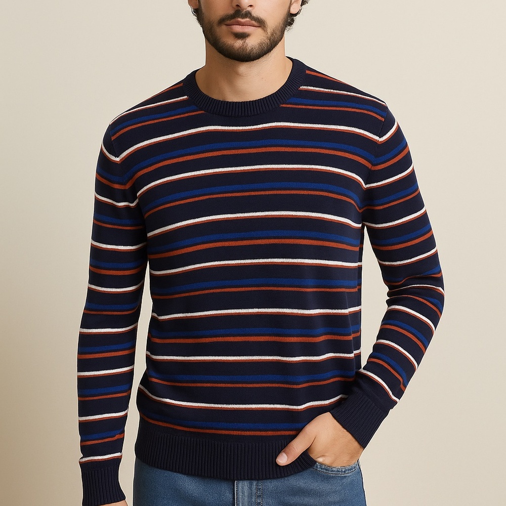 Calvin Klein European Yarn Striped Crewneck Sweater Navy Orange White – Size M
